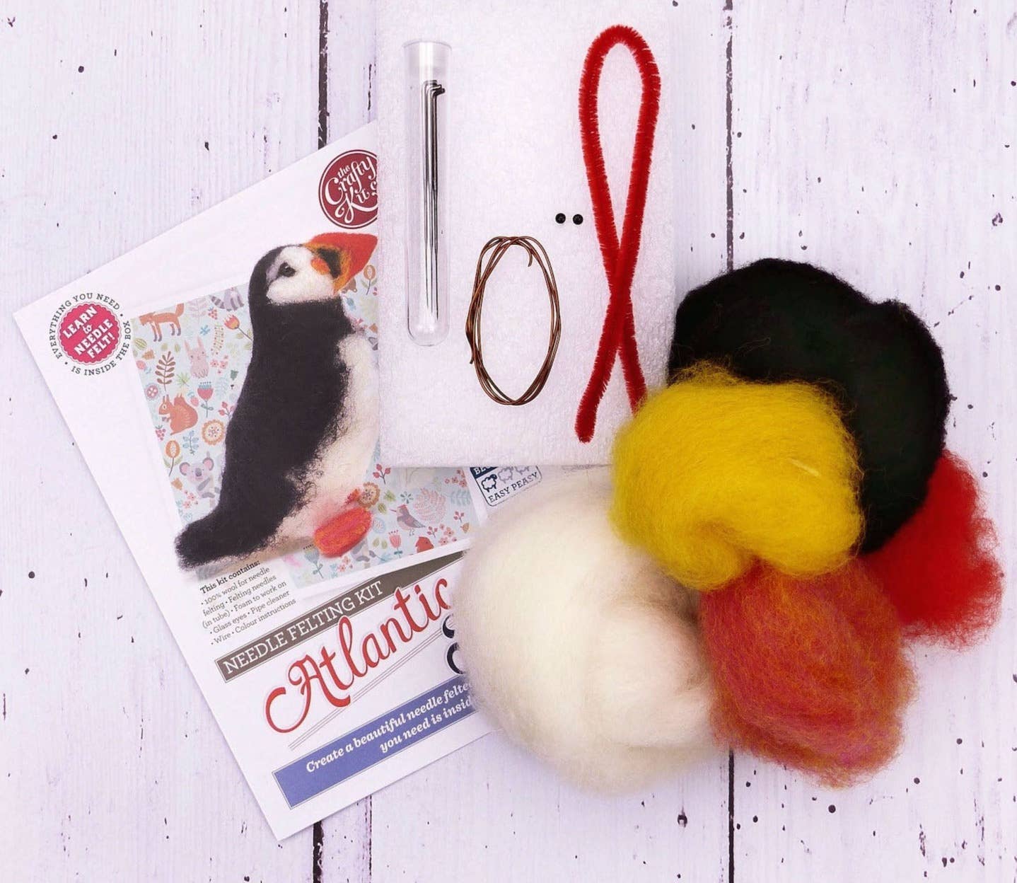 atlantic puffin needle felting kit, british birds craft kit, puffin wool felting project, beginner felting kit puffin, The Crafty Kit Company bird kits, DIY puffin needle felt, coastal animal craft kit, Corriedale wool puffin, handmade puffin felting kit, bird lover gift idea