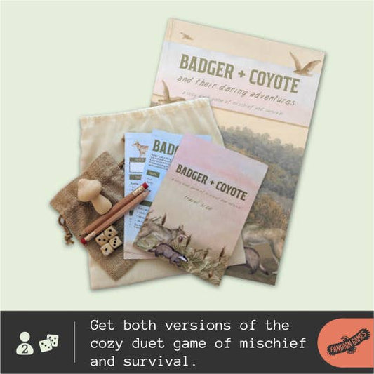 cozy 2-player RPG, animal tabletop roleplaying game, story-driven TTRPG, Badger and Coyote RPG, friendship adventure game, duet RPG book, forest fantasy RPG, heartwarming TTRPG, small press RPG zine, whimsical roleplaying game, narrative-driven RPG for two, A5 full color RPG, perfect bound story game, animal adventure tabletop, nature-themed RPG, storytelling game for friends, lighthearted tabletop RPG, two player adventure game, roleplaying game with animals, Rogue & Rye games