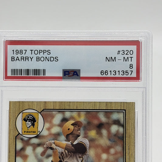 1987 Topps - Barry Bonds #320 (RC) PSA 8 1987 Topps Barry Bonds number 320 rookie card graded PSA 8 featuring the Hall of Fame Pittsburgh Pirates outfielder