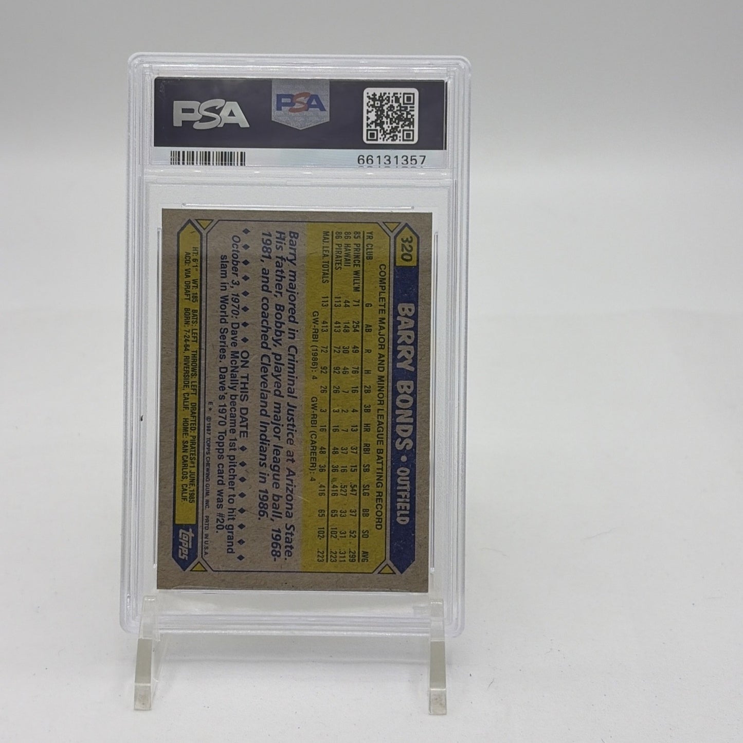 1987 Topps - Barry Bonds #320 (RC) PSA 8 1987 Topps Barry Bonds number 320 rookie card graded PSA 8 featuring the Hall of Fame Pittsburgh Pirates outfielder