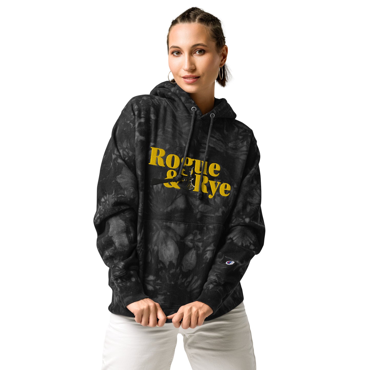 rogue and rye tie-dye hoodie, battle axe champion hoodie, fantasy streetwear, unisex tie-dye gamer hoodie, reverse weave fleece sweatshirt, rpg themed hoodie, rogue and rye merch, champion battle axe hoodie, heavy fleece game night hoodie, tie-dye hoodie for adventurers, embroidered champion fantasy hoodie, shrink-resistant hoodie, unique pattern champion sweatshirt