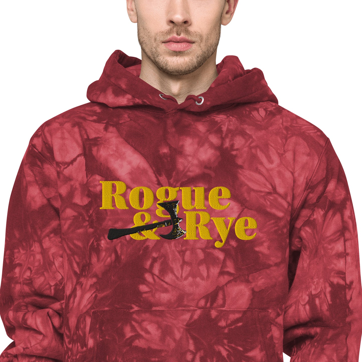 rogue and rye tie-dye hoodie, battle axe champion hoodie, fantasy streetwear, unisex tie-dye gamer hoodie, reverse weave fleece sweatshirt, rpg themed hoodie, rogue and rye merch, champion battle axe hoodie, heavy fleece game night hoodie, tie-dye hoodie for adventurers, embroidered champion fantasy hoodie, shrink-resistant hoodie, unique pattern champion sweatshirt