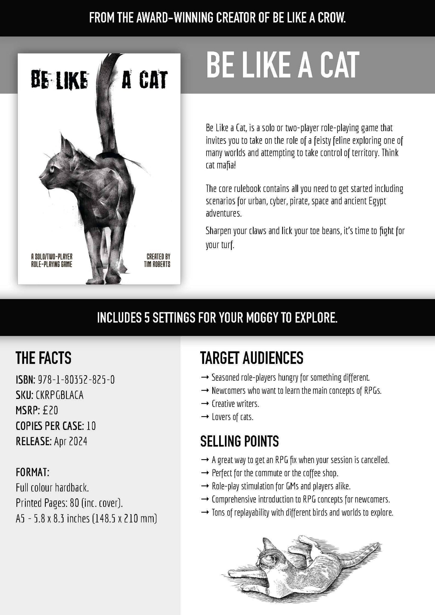 Be Like a Cat TTRPG, solo cat RPG game, cat-themed roleplaying game, two-player cat TTRPG, cat mafia RPG, Be Like a Cat rulebook, cat solo journaling RPG, cyber cat RPG, space cat TTRPG, hardback solo RPG book