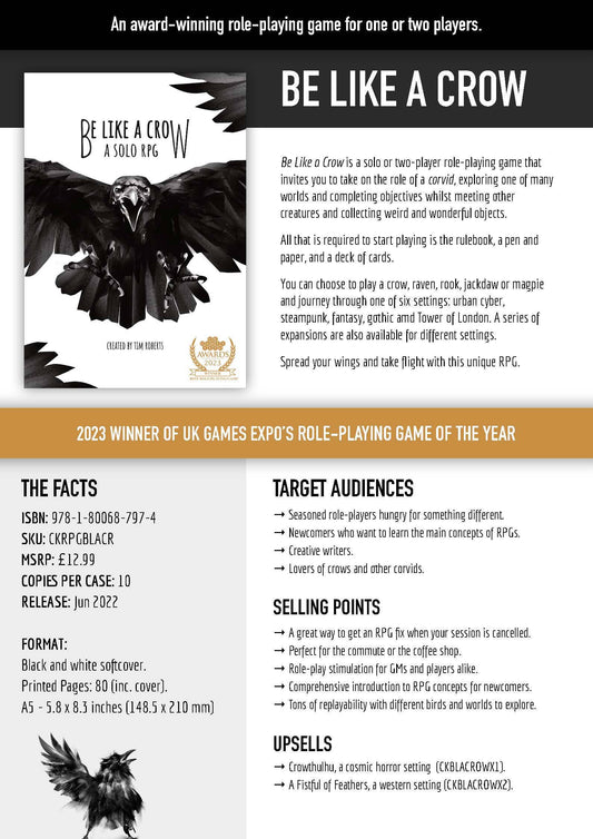 Be Like a Crow TTRPG, solo bird RPG game, corvid roleplaying game, crow solo journaling RPG, Be Like a Crow rulebook, raven magpie RPG, two-player crow RPG, bird-themed TTRPG, Tower of London RPG setting, unique solo tabletop RPG