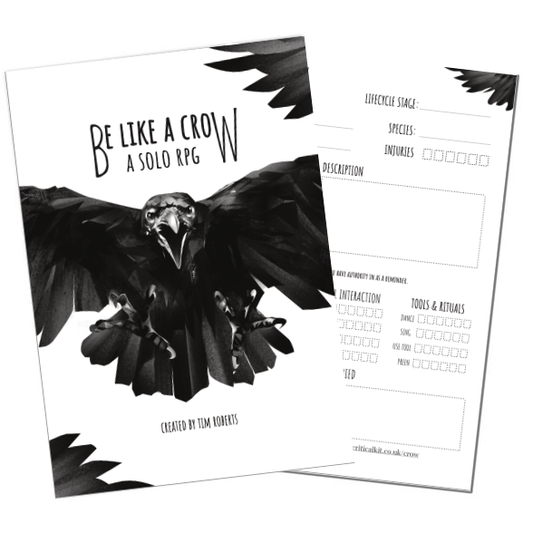 Be Like a Crow TTRPG, solo bird RPG game, corvid roleplaying game, crow solo journaling RPG, Be Like a Crow rulebook, raven magpie RPG, two-player crow RPG, bird-themed TTRPG, Tower of London RPG setting, unique solo tabletop RPG