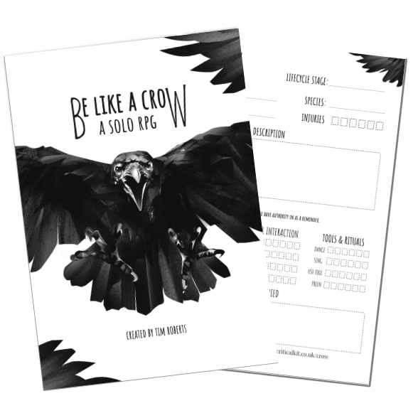 Be Like a Crow TTRPG, solo bird RPG game, corvid roleplaying game, crow solo journaling RPG, Be Like a Crow rulebook, raven magpie RPG, two-player crow RPG, bird-themed TTRPG, Tower of London RPG setting, unique solo tabletop RPG
