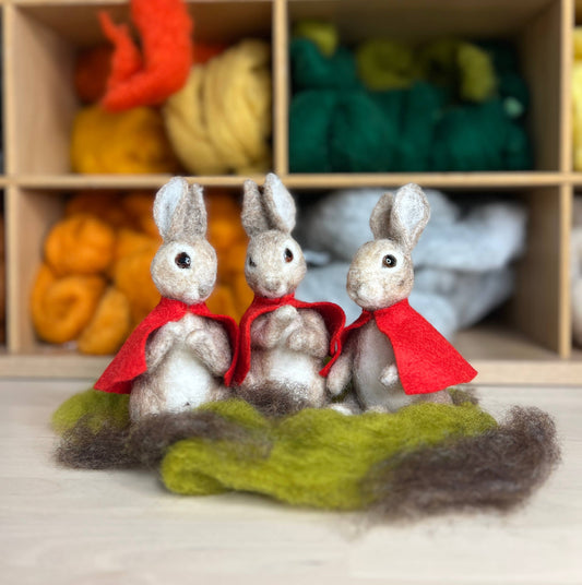 Beatrix Potter needle felting kit, Flopsy Mopsy and Cottontail craft kit, DIY Beatrix Potter characters, licensed Peter Rabbit felting kit, wool felting animals kit, intermediate needle felting project, storybook animal needle felt kit, The Crafty Kit Company UK, handmade in Scotland needle felting, Corriedale wool animal felting kit