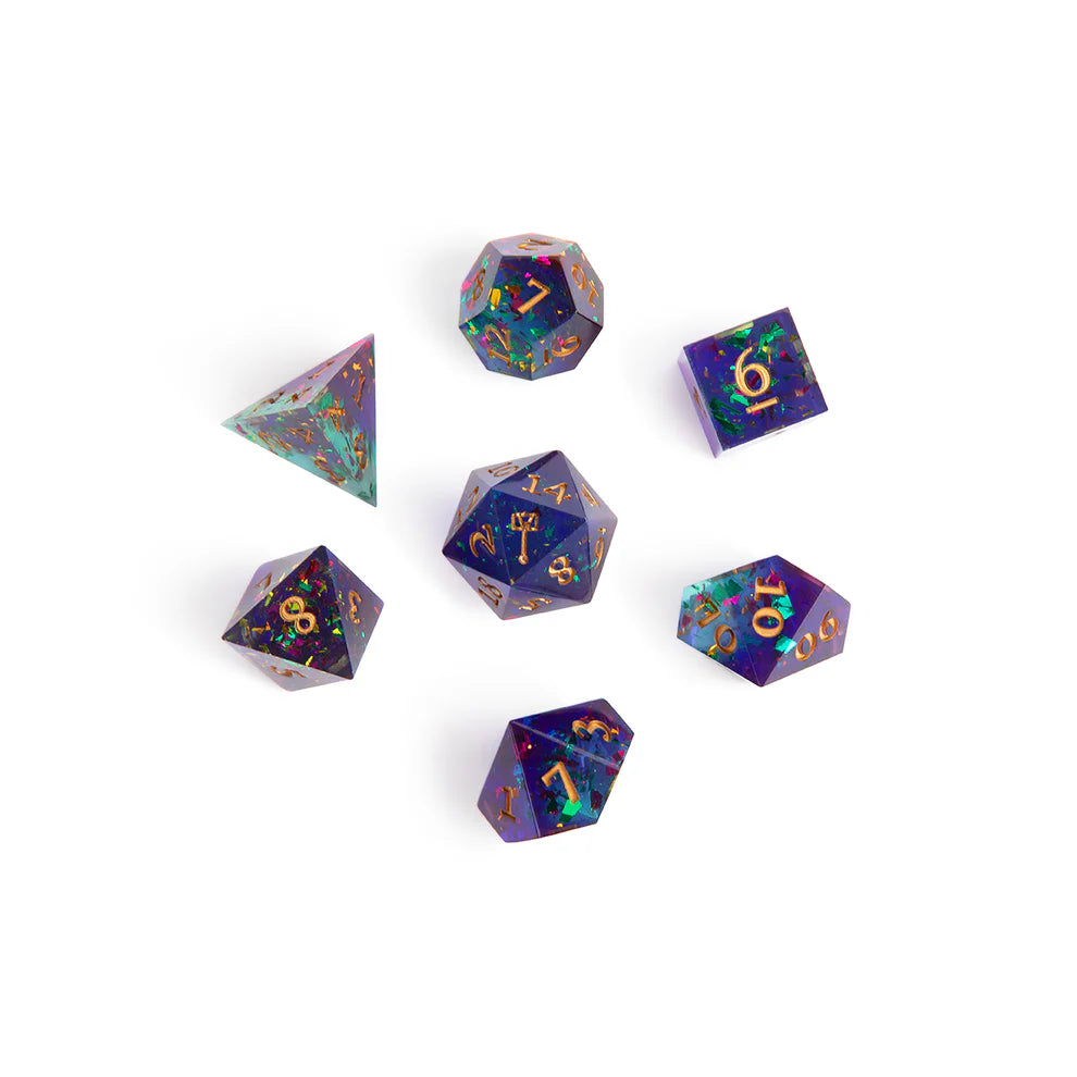 Ashton Greymoore dice set, Bells Hells Critical Role dice, purple iridescent DnD dice, maul icon d20, Critical Role official dice, Taliesin Jaffe character dice, epoxy resin polyhedral dice, sharp-edged fantasy dice, RPG dice set Critical Role, Die Hard Dice collaboration