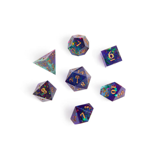 Ashton Greymoore dice set, Bells Hells Critical Role dice, purple iridescent DnD dice, maul icon d20, Critical Role official dice, Taliesin Jaffe character dice, epoxy resin polyhedral dice, sharp-edged fantasy dice, RPG dice set Critical Role, Die Hard Dice collaboration