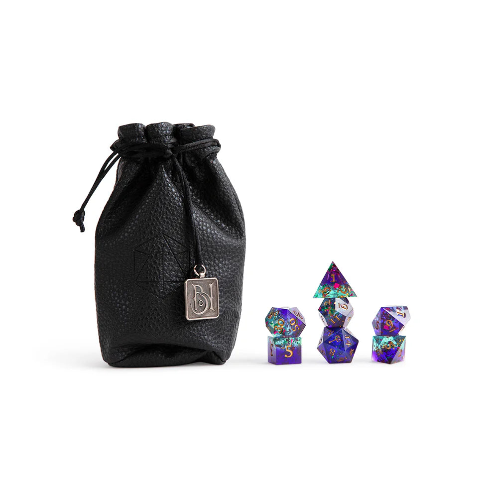 Ashton Greymoore dice set, Bells Hells Critical Role dice, purple iridescent DnD dice, maul icon d20, Critical Role official dice, Taliesin Jaffe character dice, epoxy resin polyhedral dice, sharp-edged fantasy dice, RPG dice set Critical Role, Die Hard Dice collaboration