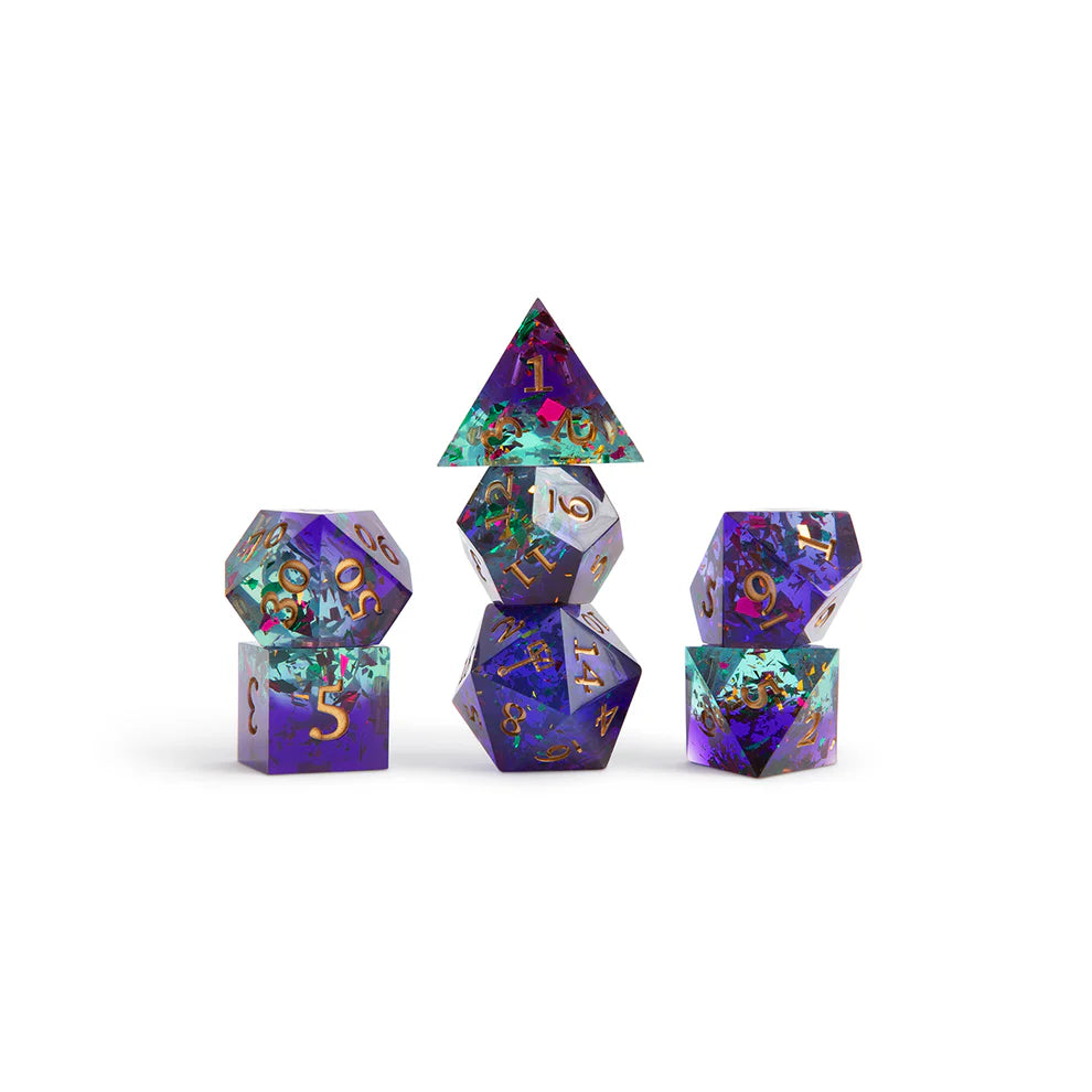 Ashton Greymoore dice set, Bells Hells Critical Role dice, purple iridescent DnD dice, maul icon d20, Critical Role official dice, Taliesin Jaffe character dice, epoxy resin polyhedral dice, sharp-edged fantasy dice, RPG dice set Critical Role, Die Hard Dice collaboration