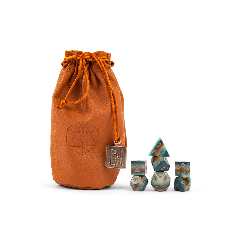 Chetney Pock O'Pea dice set, Bells Hells Critical Role dice, multicolored polyhedral DnD dice, howling wolf d20 icon, rustic green gold grey dice, official Critical Role dice, Die Hard Dice Critical Role set, werewolf DnD dice, Chetney DnD character dice