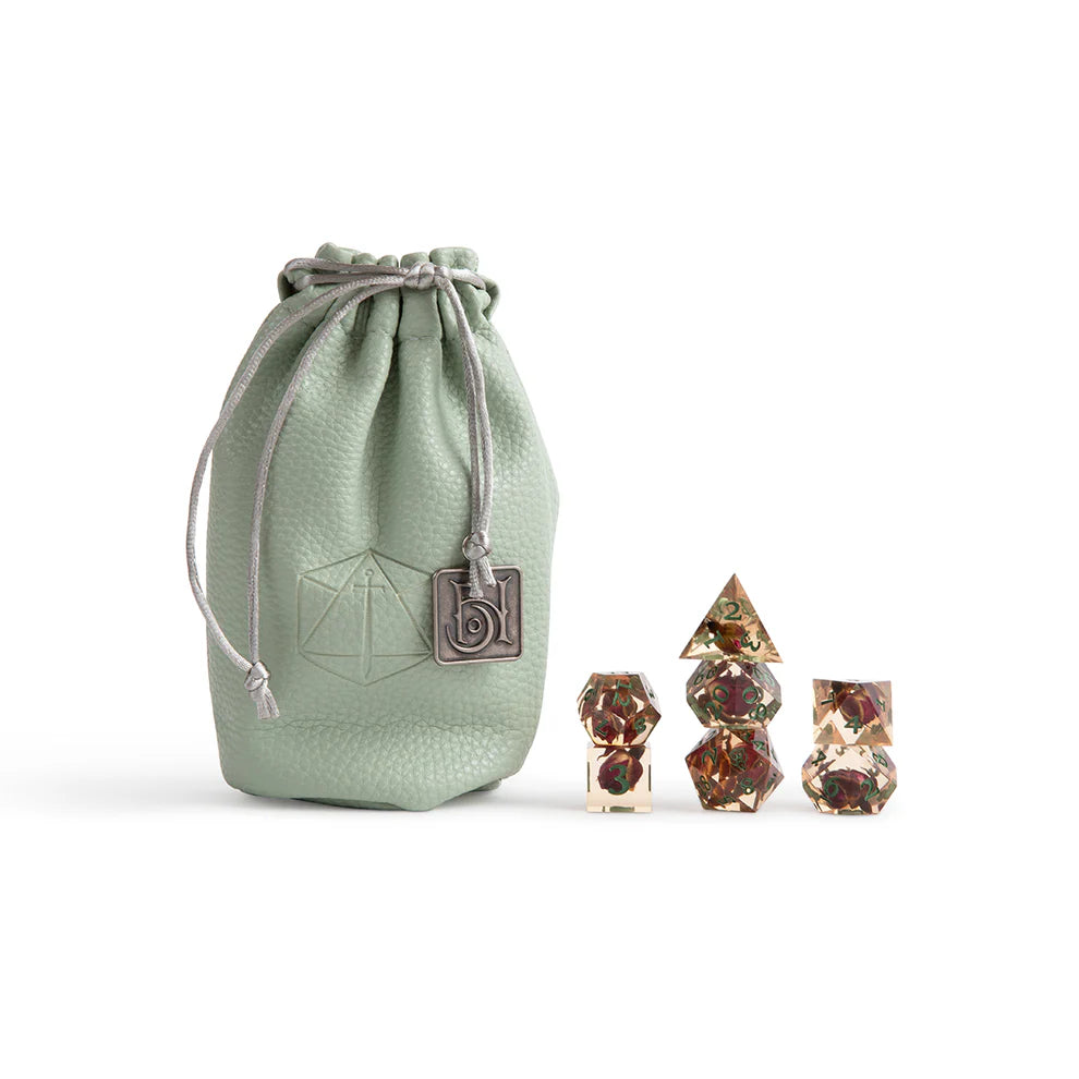 Fearne Calloway dice set, Critical Role Bells Hells dice, Exandria Unlimited dice, sharp-edged DnD dice, flower and gold leaf dice, Little Mister d20 icon, Ashley Johnson character dice, Bells Hells polyhedral dice, Critical Role official dice, fantasy resin dice set
