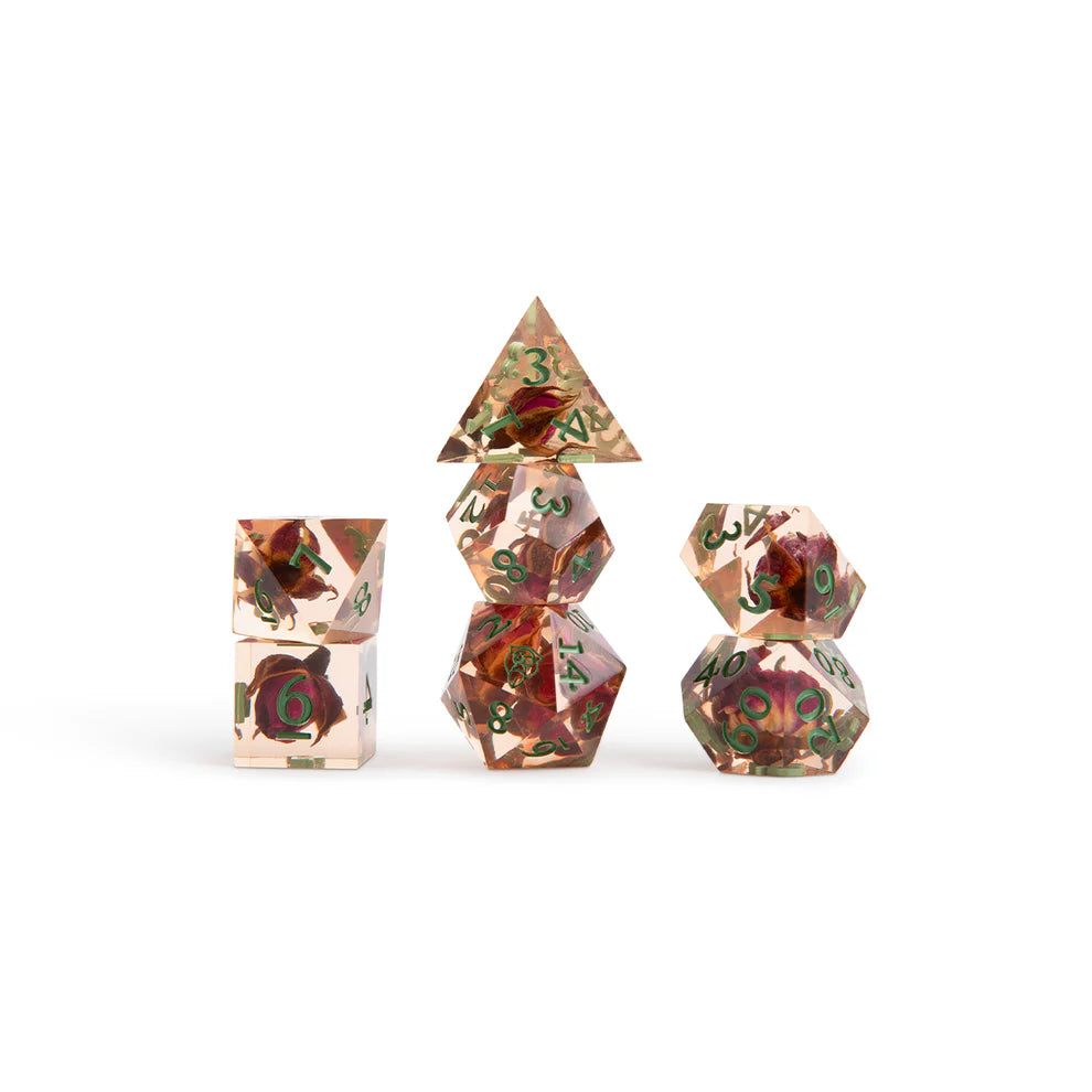 Fearne Calloway dice set, Critical Role Bells Hells dice, Exandria Unlimited dice, sharp-edged DnD dice, flower and gold leaf dice, Little Mister d20 icon, Ashley Johnson character dice, Bells Hells polyhedral dice, Critical Role official dice, fantasy resin dice set