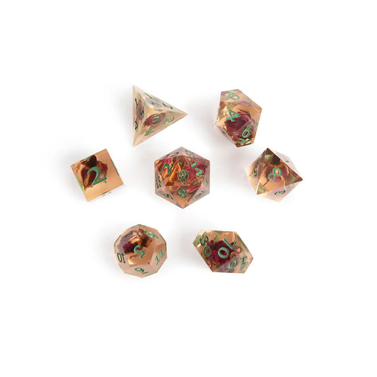 Fearne Calloway dice set, Critical Role Bells Hells dice, Exandria Unlimited dice, sharp-edged DnD dice, flower and gold leaf dice, Little Mister d20 icon, Ashley Johnson character dice, Bells Hells polyhedral dice, Critical Role official dice, fantasy resin dice set