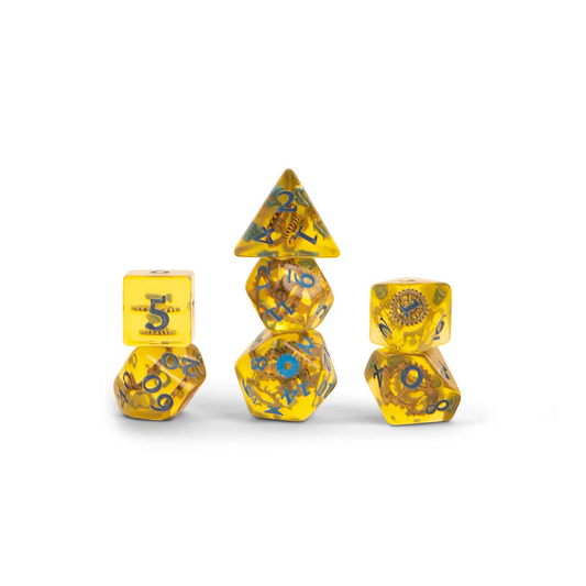 Fresh Cut Grass dice set, Bells Hells Critical Role dice, translucent yellow DnD dice, dice with tiny gears, saw icon d20, Critical Role official dice set, automaton character dice, resin polyhedral dice set, FCG dice Critical Role, Leia Rondeau dice design