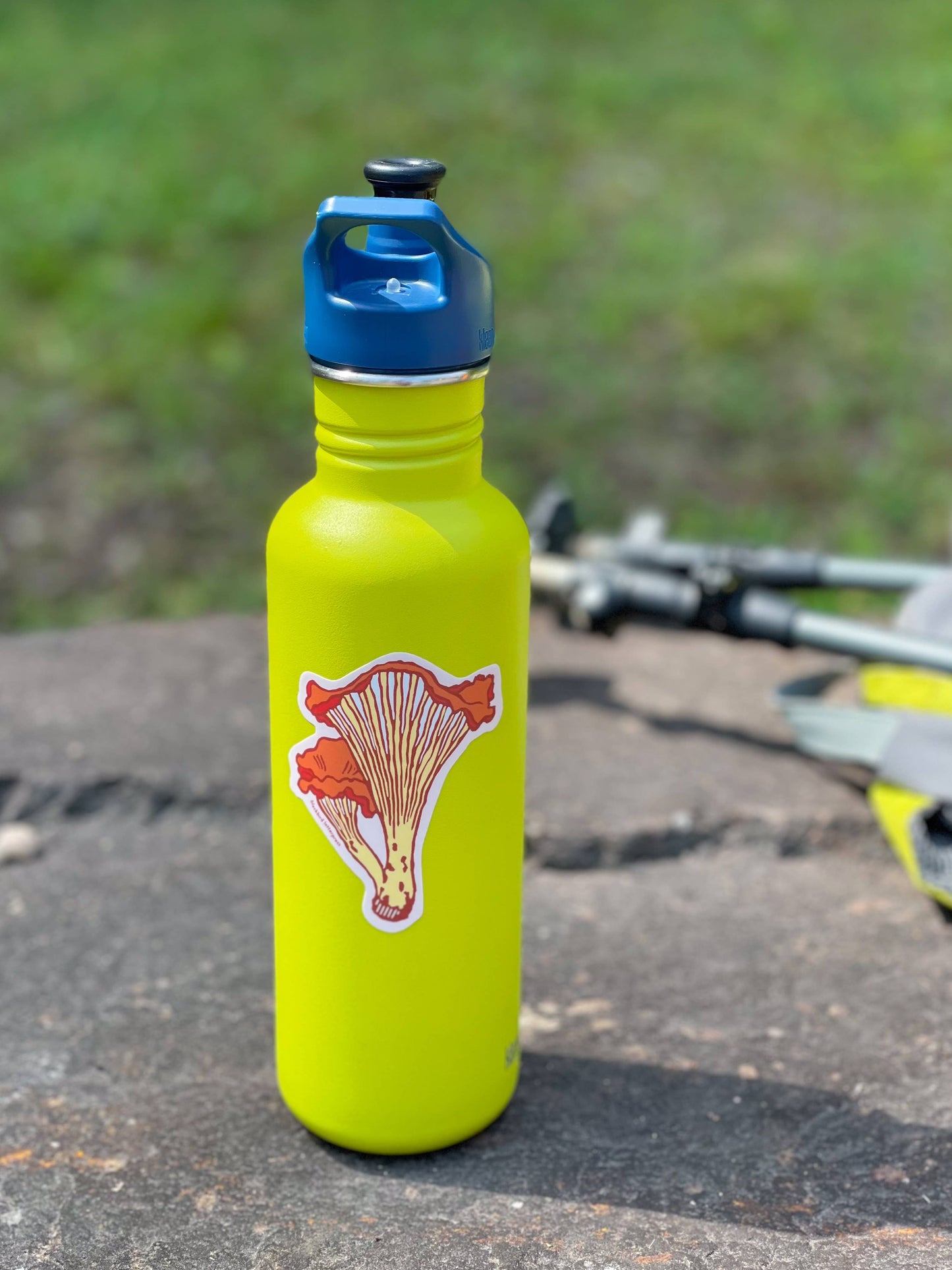 chanterelle mushroom sticker, mushroom vinyl sticker, fungi vinyl decal, linocut mushroom illustration, Élise Lassonde art, Blackbird Letterpress sticker, matte vinyl die-cut sticker, waterproof mushroom sticker, weatherproof uv-protected sticker, forager gift, forest mushroom art, botanical sticker, durable laptop decal, water bottle sticker, artisan paper goods, small-batch maker sticker, Rogue & Rye sticker collection, wild mushroom illustration, made in USA vinyl sticker