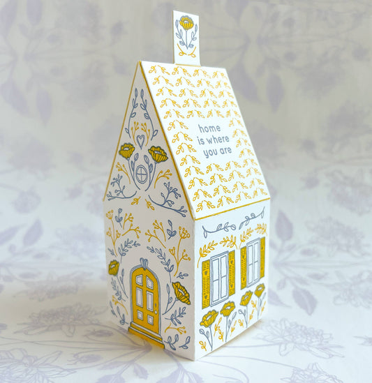 home is where you are card, 3D house card, letterpress house card, foldable house card, die-cut letterpress card, buildable paper house, mustard lavender letterpress, cotton paper card, keepsake house card, miniature house card, new home card, moving announcement card, housewarming stationery, Blackbird Letterpress card, artisan letterpress stationery, displayable greeting card, paper craft card, Rogue & Rye letterpress collection, A2 letterpress card