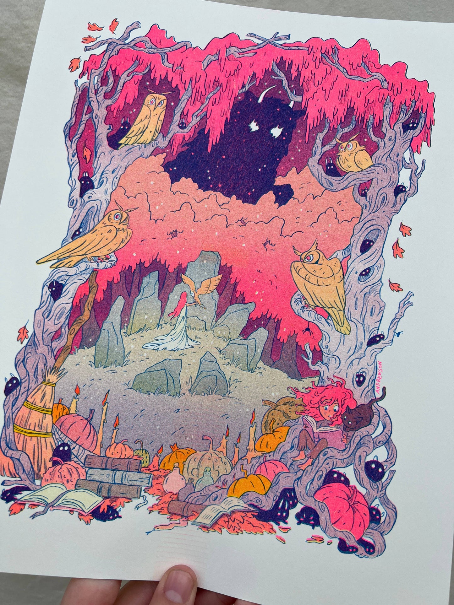 Book of Owls risograph print, owl illustration art, Natalie Andrewson riso print, blue yellow fluorescent pink riso, woodland reading art, whimsical owl artwork, indie printmaker risograph, forest library art print, narrative riso illustration, cozy woodland wall art, collectible riso print, Rogue & Rye artist collection.