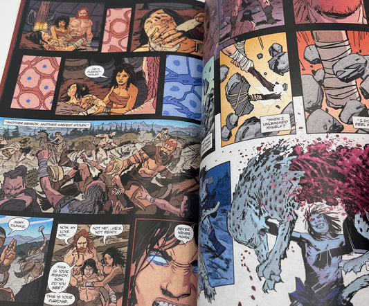 Full-color interior artwork from BRZRKR Volume One depicting intense combat scenes, character interactions, and the series' immortal warrior protagonist.