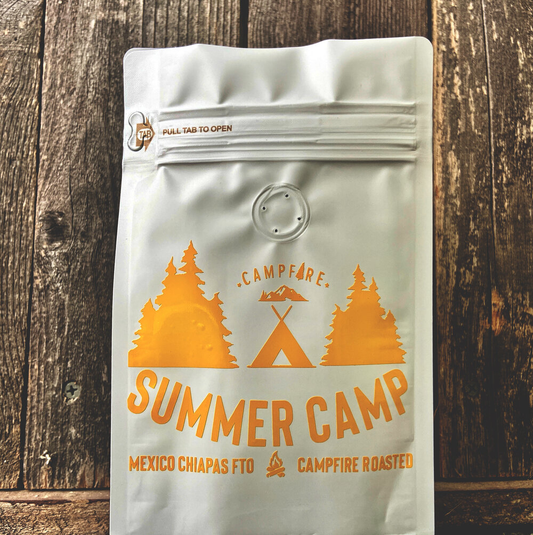 Campfire Coffee Mexico Chiapas, fair trade organic Mexican coffee, whole bean Campfire Coffee, Mexican Chiapas coffee 12oz, bright citrusy coffee beans, best coffee for game night, artisan roasted coffee Washington, Campfire Coffee Summer Camp blend, open flame roasted coffee, Campfire Explorers Club coffee