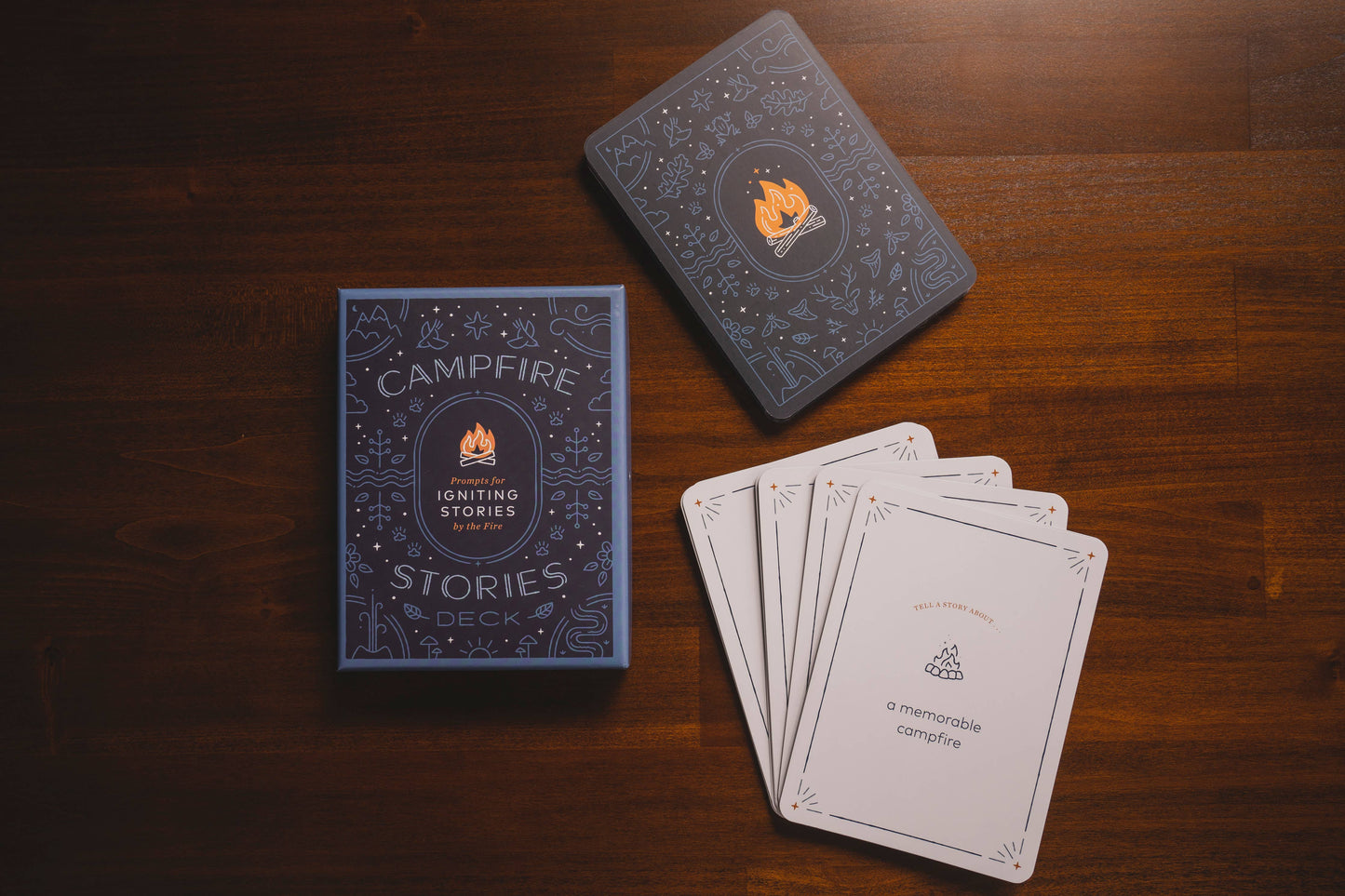 campfire stories deck, storytelling prompt cards, family campfire game, story cards for all ages, connection games for families, story starters deck, outdoor activity cards, camping conversation game, screen-free campfire fun, icebreaker card game, storytelling game for kids and adults, backyard game ideas, travel-friendly storytelling prompts, meaningful family activities, story game for group bonding