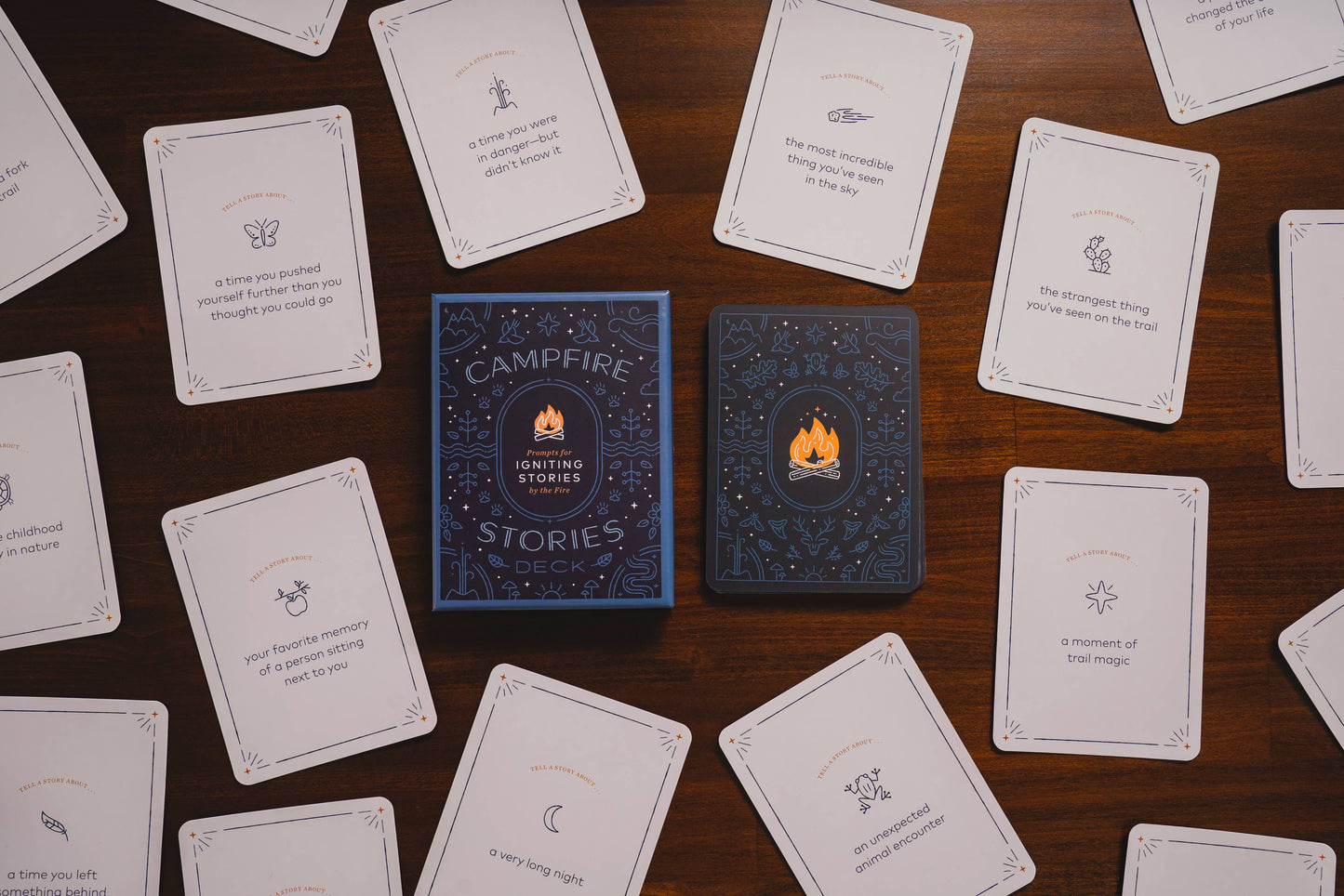 campfire stories deck, storytelling prompt cards, family campfire game, story cards for all ages, connection games for families, story starters deck, outdoor activity cards, camping conversation game, screen-free campfire fun, icebreaker card game, storytelling game for kids and adults, backyard game ideas, travel-friendly storytelling prompts, meaningful family activities, story game for group bonding