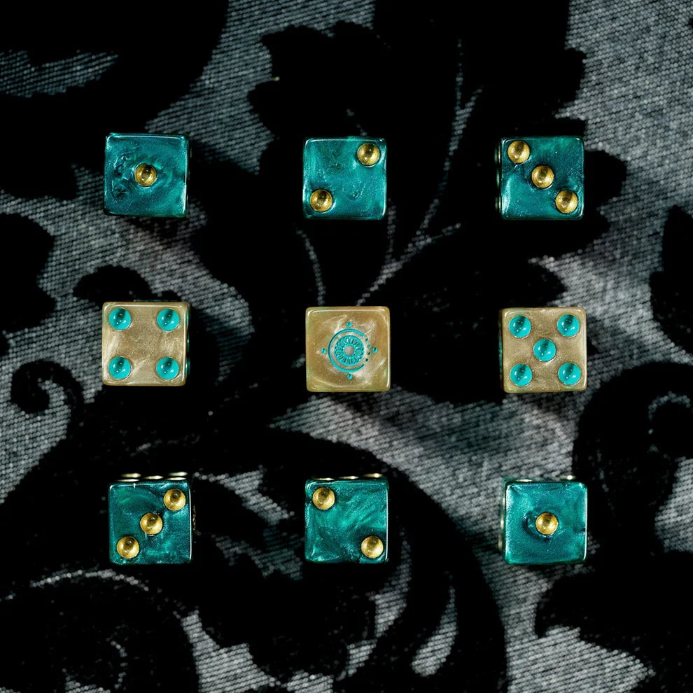 Candela Obscura dice, Critical Role dice set, Candela Obscura RPG accessories, paranormal RPG dice, Fairelands dice, pearlescent green d6 dice, gold gilded dice, custom six-sided dice, resin D6 set, Aaron Monroy logo dice, Critical Role Candela merch, horror fantasy RPG dice, gilded roleplaying dice, Candela Obscura tabletop gear, green and gold dice set