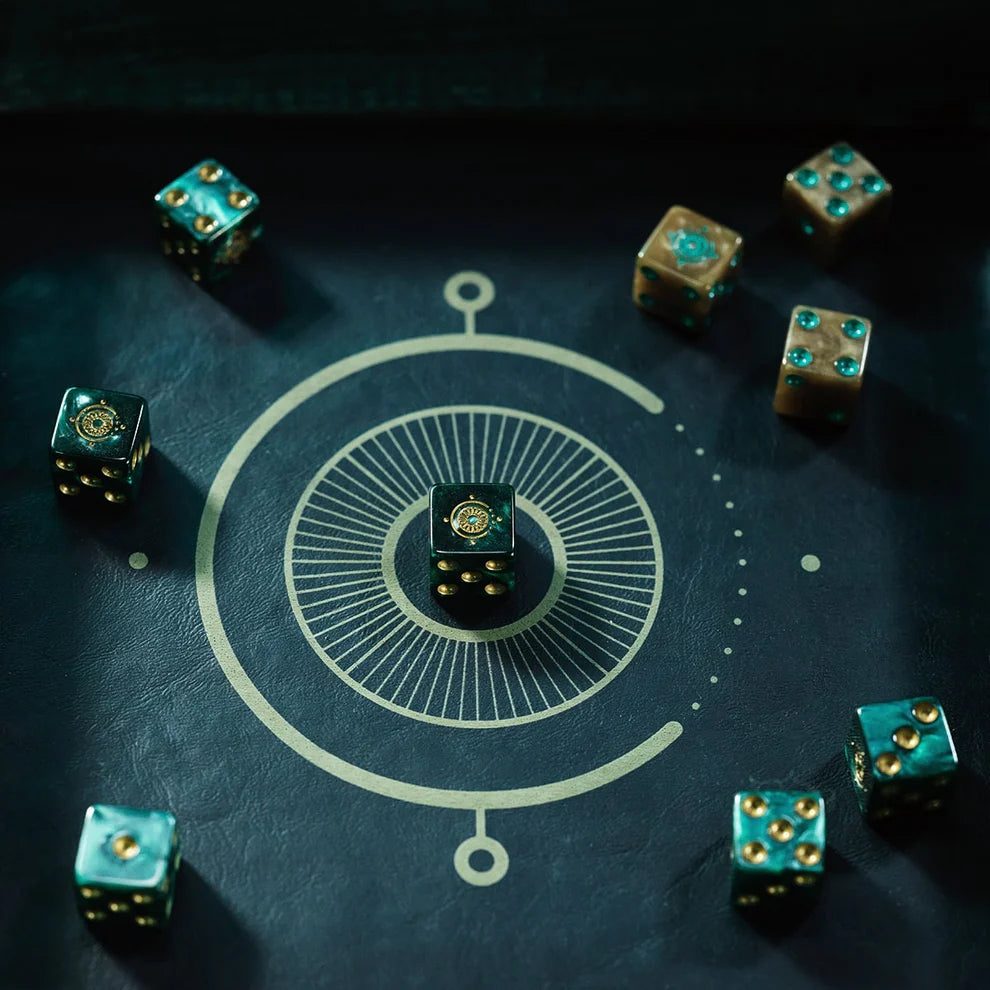 Candela Obscura dice, Critical Role dice set, Candela Obscura RPG accessories, paranormal RPG dice, Fairelands dice, pearlescent green d6 dice, gold gilded dice, custom six-sided dice, resin D6 set, Aaron Monroy logo dice, Critical Role Candela merch, horror fantasy RPG dice, gilded roleplaying dice, Candela Obscura tabletop gear, green and gold dice set