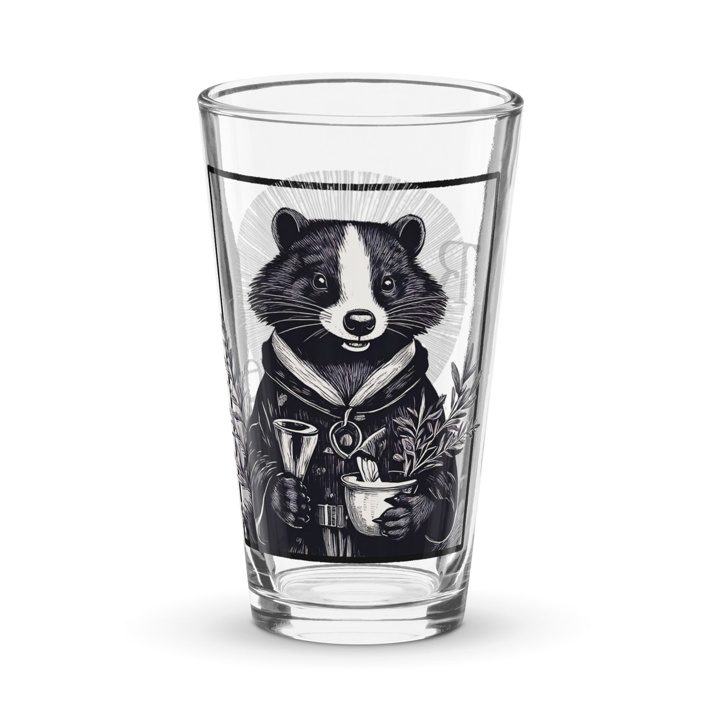 cleric pint glass, RPG pint glass, D&D healer drinkware, Rogue & Rye barware, fantasy shaker glass, tabletop gaming drinkware, 16 oz cleric glass, skunk character glass, herbal gin and tonic glass, RPG gift for gamers