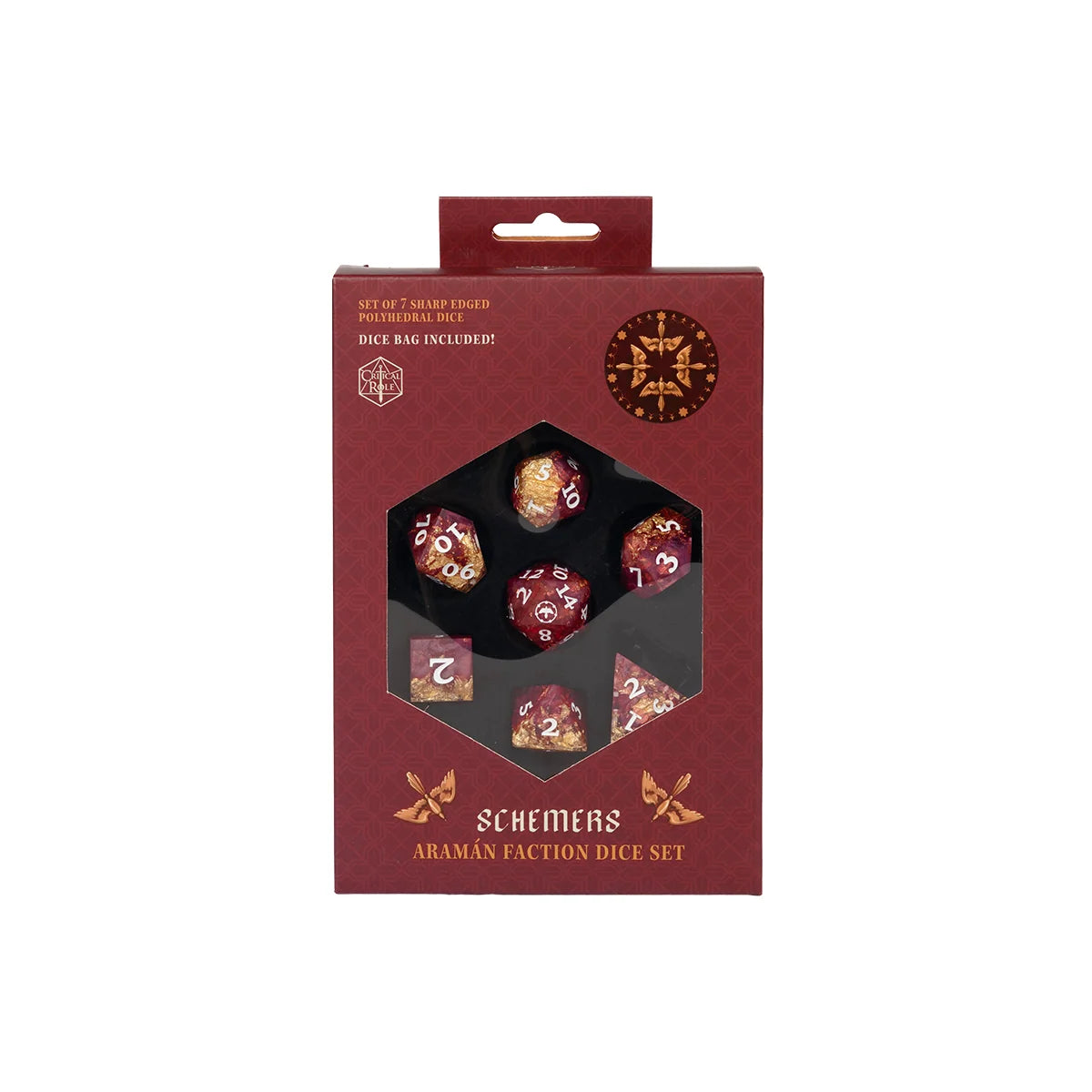 Critical Role Aramán Schemers dice set in its red retail box with dice visible through the front window