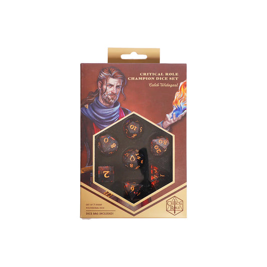 Critical Role Caleb Widogast Champion Dice Set by Darrington Press featuring maroon and blue sharp-edged resin dice with gold numbering.