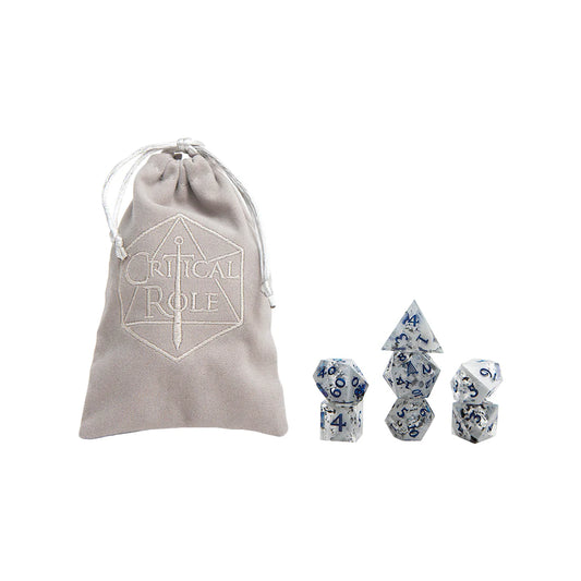 Critical Role Yasha Nydoorin Champion Dice Set inspired by the Mighty Nein barbarian warrior Sharp-edged resin polyhedral dice with gray swirls and dark blue numbering