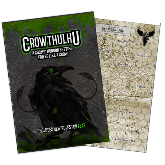 Crowthulhu solo RPG expansion, cosmic horror TTRPG setting, Be Like a Crow Crowthulhu, Lovecraft-inspired solo RPG, horror tabletop RPG zine, FEAR mechanic solo RPG, crow-themed horror adventure, indie TTRPG zine A5, solo roleplaying horror prompts, cosmic horror RPG supplement