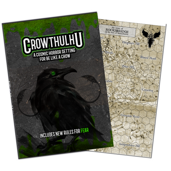 Crowthulhu solo RPG expansion, cosmic horror TTRPG setting, Be Like a Crow Crowthulhu, Lovecraft-inspired solo RPG, horror tabletop RPG zine, FEAR mechanic solo RPG, crow-themed horror adventure, indie TTRPG zine A5, solo roleplaying horror prompts, cosmic horror RPG supplement