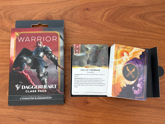 Daggerheart warrior Class Pack character card deck from Darrington Press featuring domain cards, subclass options, and streamlined tabletop RPG character creation for fantasy roleplaying games