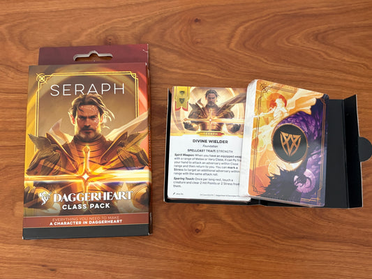 Daggerheart seraph Class Pack character card deck from Darrington Press featuring domain cards, subclass options, and streamlined tabletop RPG character creation for fantasy roleplaying games