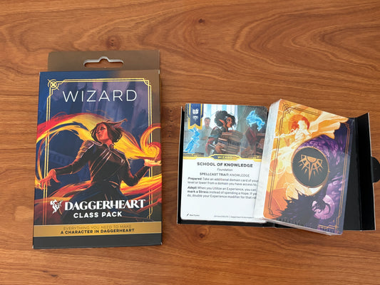 Daggerheart Wizard Class Pack character card deck from Darrington Press featuring domain cards, subclass options, and streamlined tabletop RPG character creation for fantasy roleplaying games