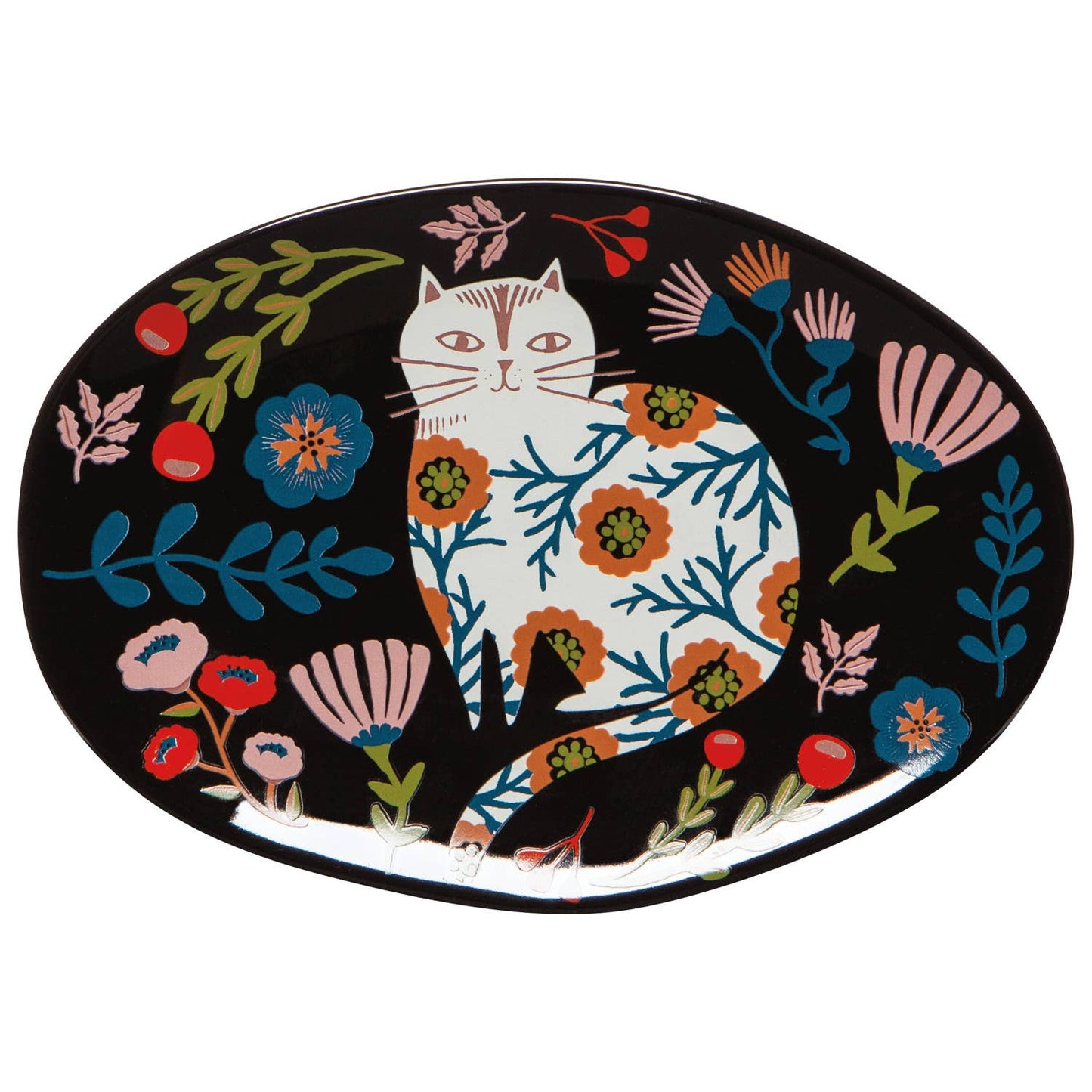 cat trinket tray, stoneware catchall tray, Danica Studio trinket tray, cat decor, floral cat design, jewelry tray, entryway tray, gift for cat lovers, illustrated tray