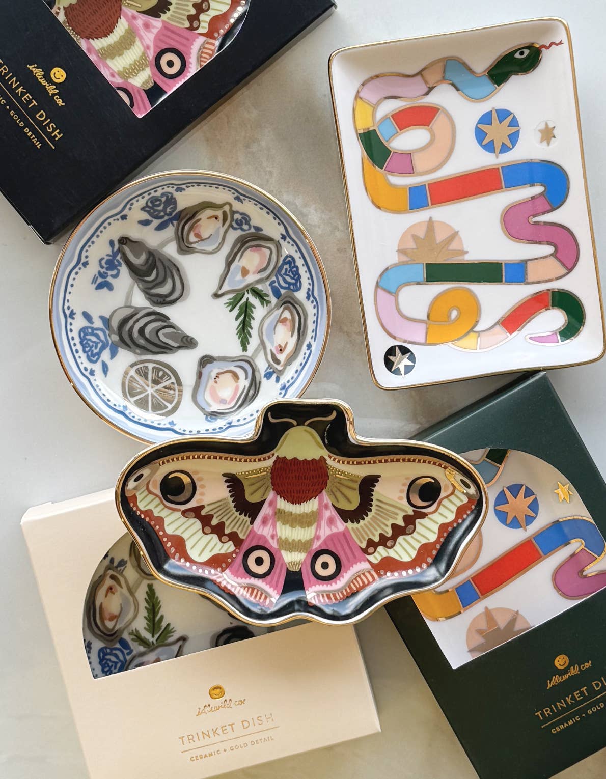 moon moth trinket dish, moth ring dish, porcelain jewelry dish, ceramic trinket dish, gold rim dish, Idlewild Co dish, hand-painted porcelain, mystical home decor, insect art decor, jewelry catchall, small gift idea, stocking stuffer