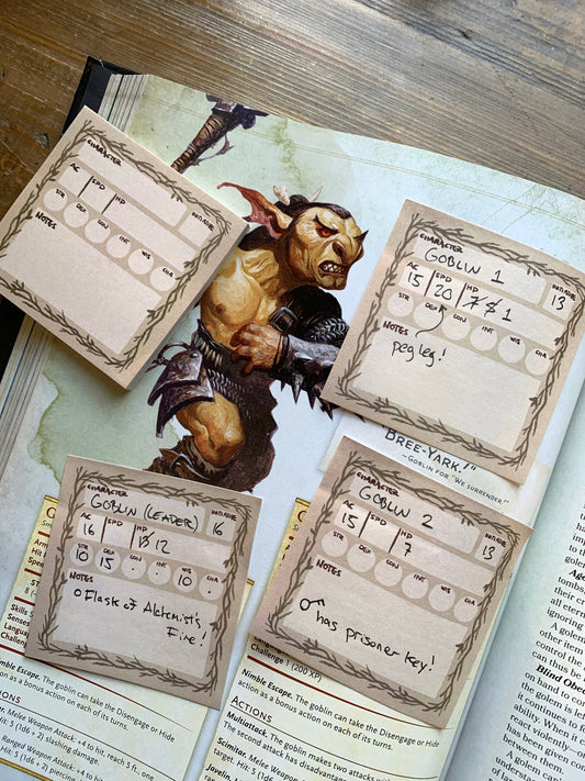 D&D stat block sticky notes, RPG initiative tracker, tabletop gaming sticky pad, DnD monster tracker notes, 3x3 RPG stat pad, DM screen accessories, TTRPG note pad, sticky notes for dungeon masters, NPC tracker sticky notes, reusable D&D combat notes