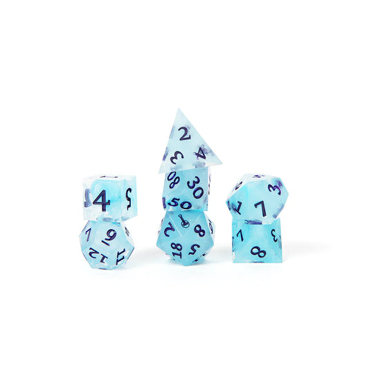 Dorian Storm dice set, Critical Role Dorian dice, Bells Hells RPG dice, sharp-edged polyhedral dice, translucent blue RPG dice, shimmer dice set, navy blue numbered dice, lute icon d20, Critical Role campaign 3 dice, Leia Rondeau artist dice, D&D character dice set, fantasy resin dice, Critical Role Bells Hells merch, premium resin dice set, Critical Role dice bag