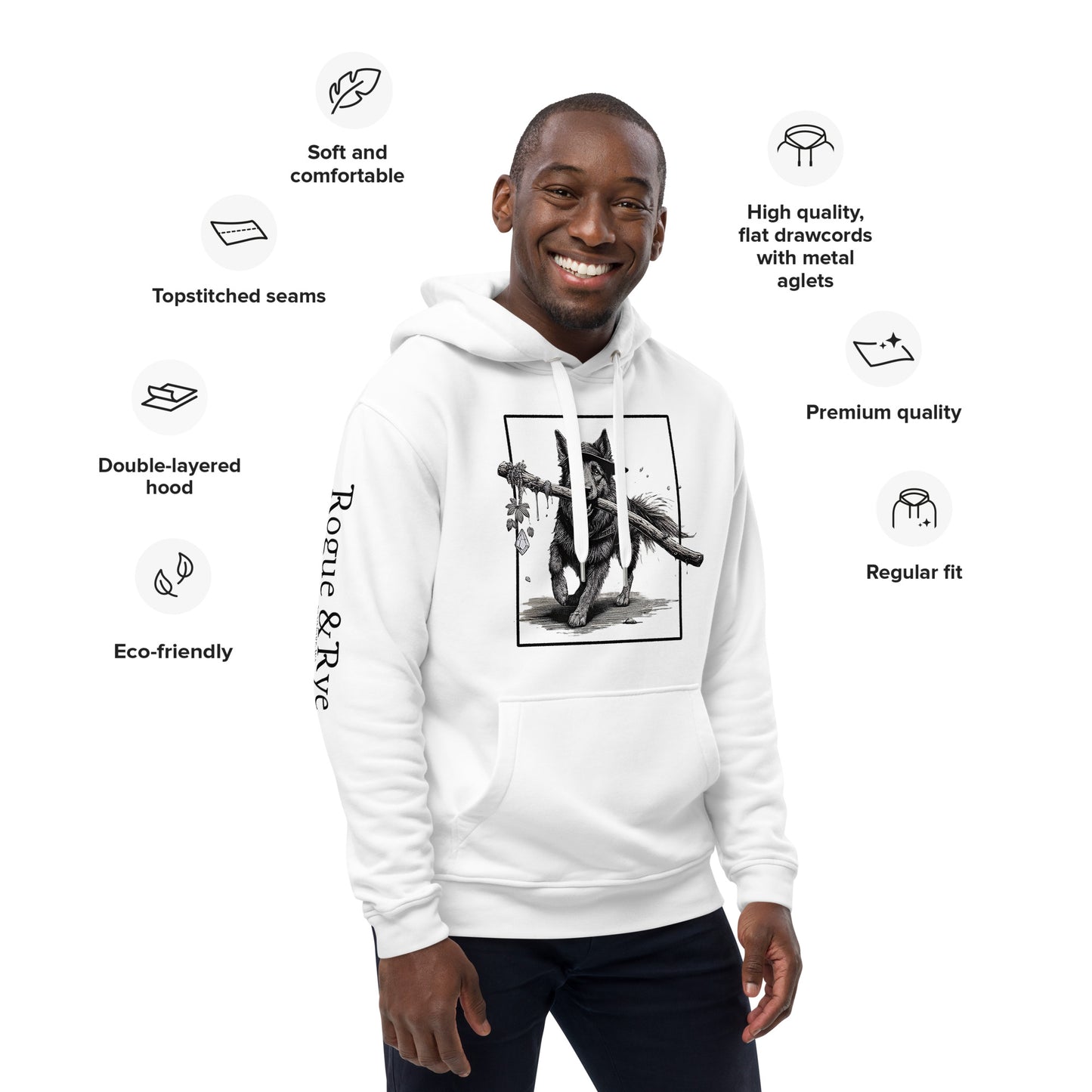 druid eco hoodie, organic cotton hoodie, RPG druid sweatshirt, D&D inspired eco hoodie, fantasy character hoodie, sustainable nerd fashion, unisex RPG hoodie, Rogue & Rye hoodie, environmentally friendly hoodie, adventure themed hoodie