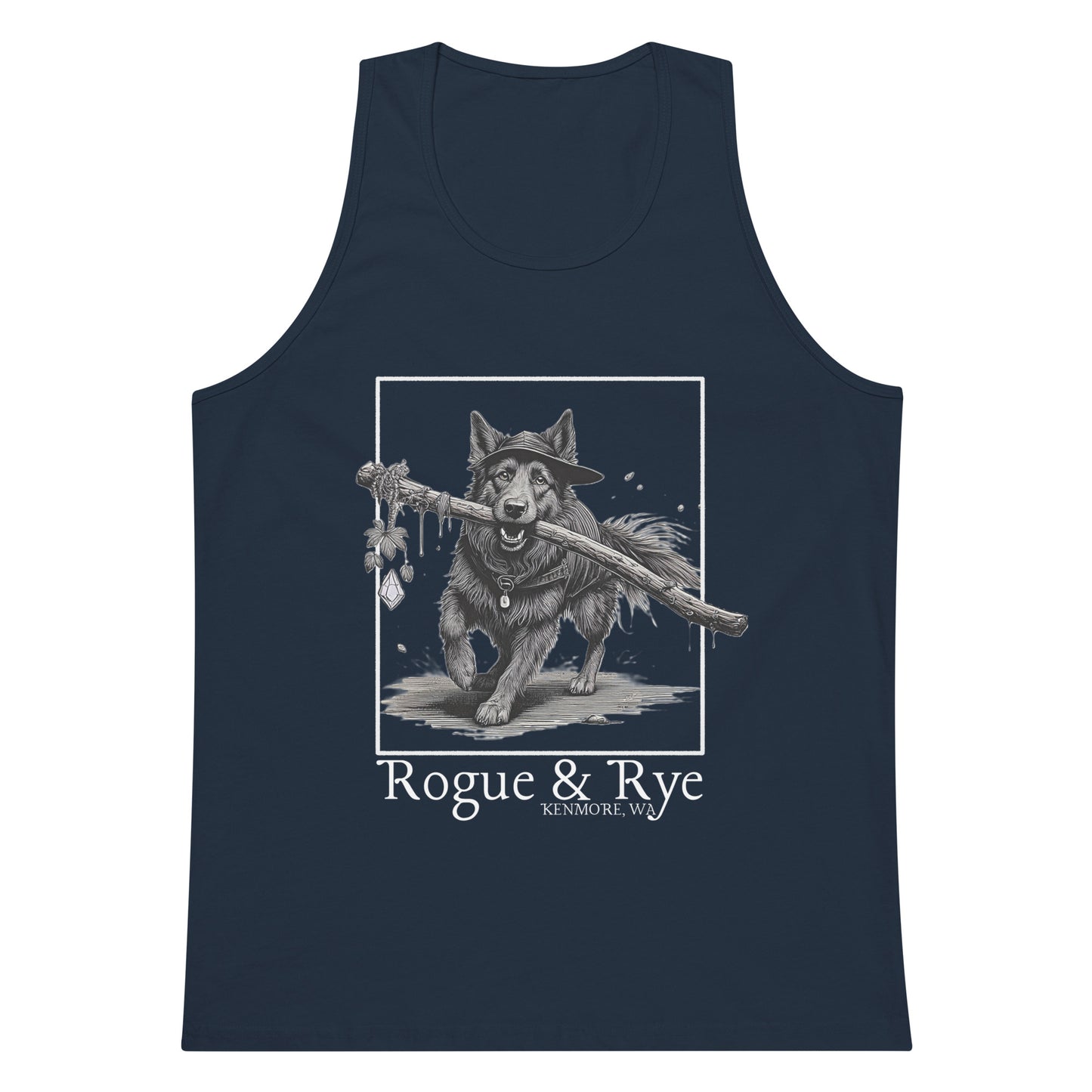 druid tank top, druid dog tank, rogue and rye tank, premium fantasy tank top, rpg character tank, unisex adventure tank, nature-inspired workout top, soft cotton druid tank, relaxed fit dnd tank, breathable gamer apparel, wilderness trail tank top, dark print fantasy shirt