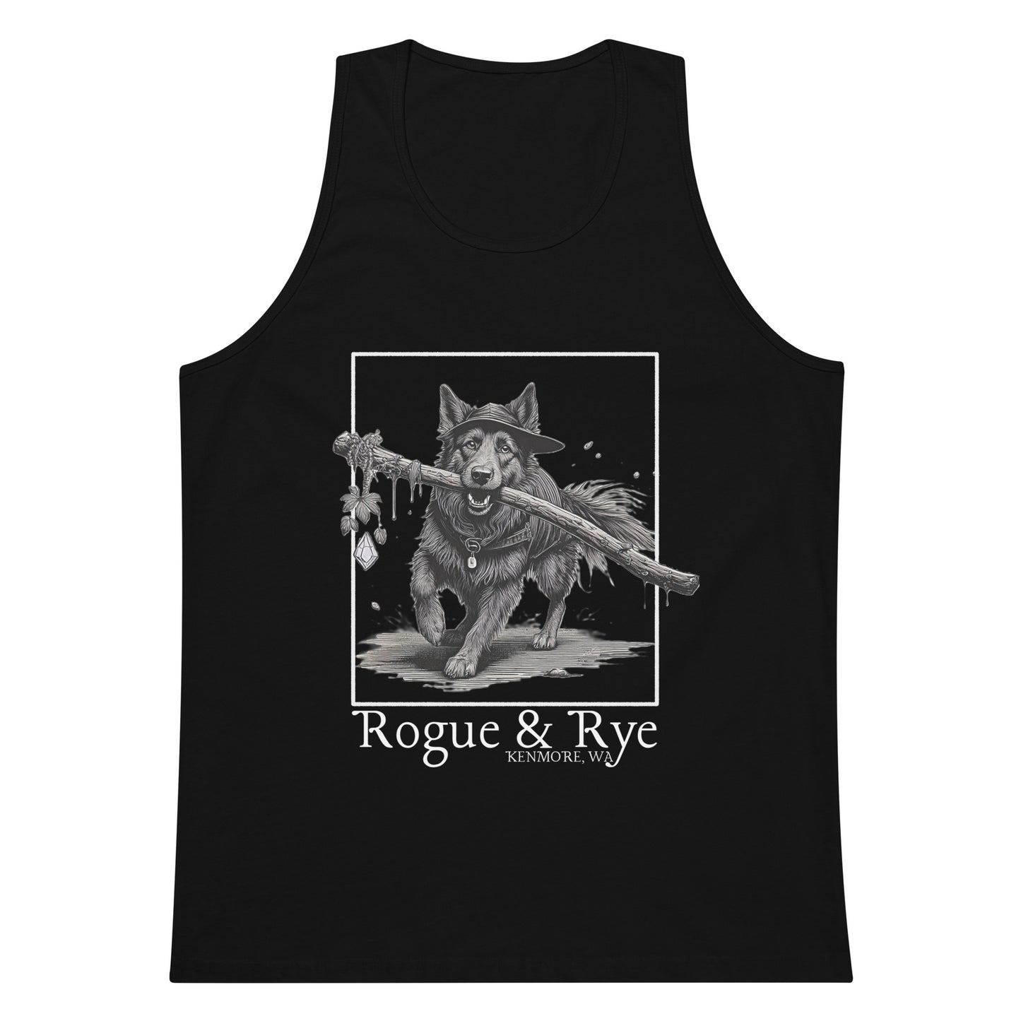 druid tank top, druid dog tank, rogue and rye tank, premium fantasy tank top, rpg character tank, unisex adventure tank, nature-inspired workout top, soft cotton druid tank, relaxed fit dnd tank, breathable gamer apparel, wilderness trail tank top, dark print fantasy shirt