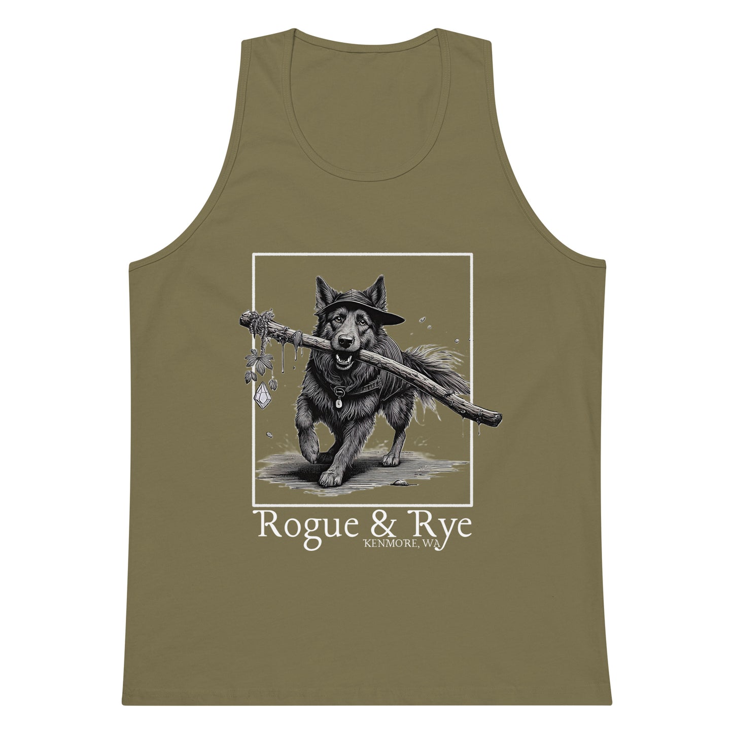 druid tank top, druid dog tank, rogue and rye tank, premium fantasy tank top, rpg character tank, unisex adventure tank, nature-inspired workout top, soft cotton druid tank, relaxed fit dnd tank, breathable gamer apparel, wilderness trail tank top, dark print fantasy shirt
