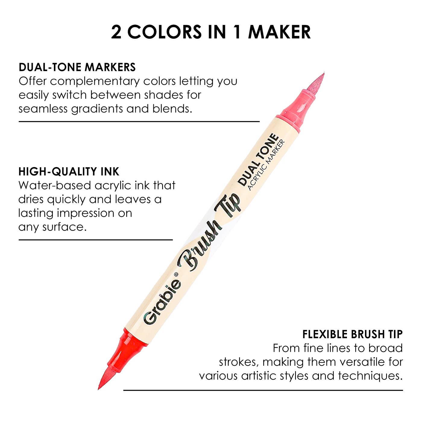 dual tip acrylic markers, 2-in-1 acrylic paint pens, brush tip paint markers, Grabie dual tone markers, acrylic markers for artists, 72 color paint pen set, paint markers for paper glass fabric, non-toxic acrylic markers, professional acrylic brush pens, dual brush markers for painting