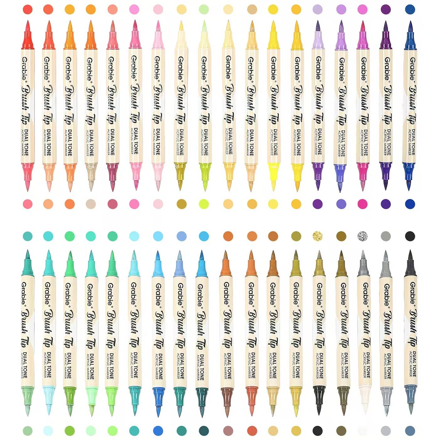 dual tip acrylic markers, 2-in-1 acrylic paint pens, brush tip paint markers, Grabie dual tone markers, acrylic markers for artists, 72 color paint pen set, paint markers for paper glass fabric, non-toxic acrylic markers, professional acrylic brush pens, dual brush markers for painting