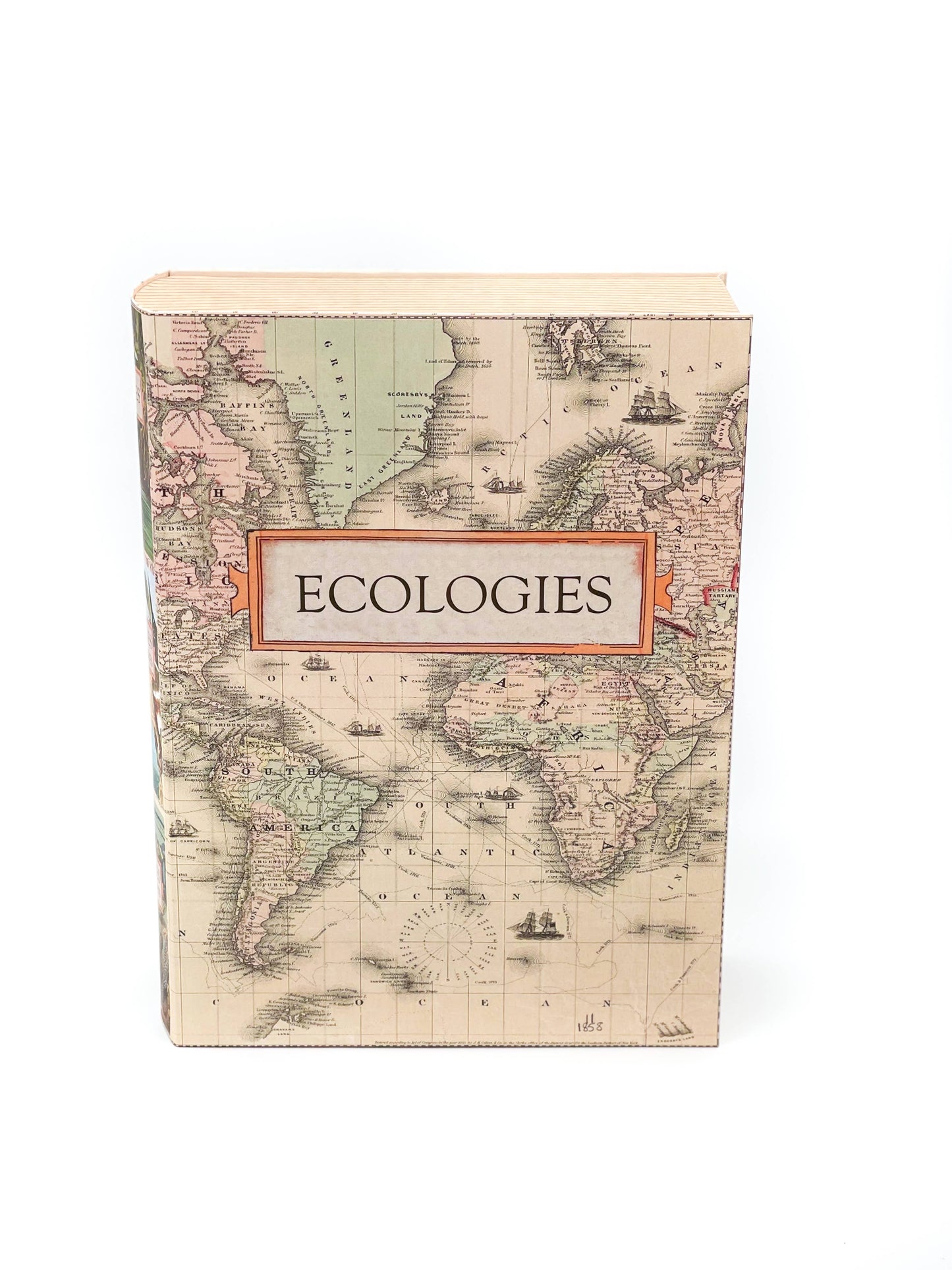Ecologies card game organizer, faux book box card storage, vintage book game organizer, poker card storage box, ecological card game accessory, tuck box storage container, magnetic closure card holder, deck box for Ecologies games, antique map book box, card game collector case, stylish card deck organizer
