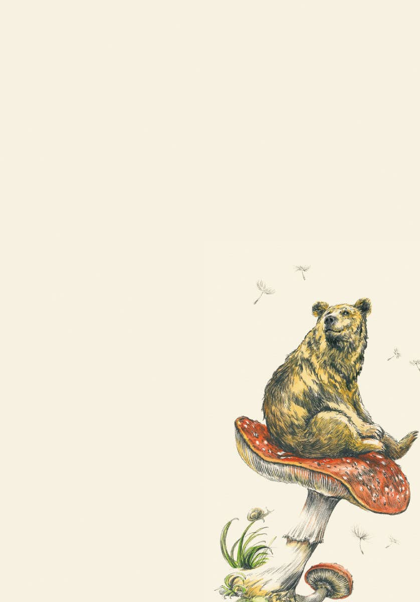 Writing paper from the Elise Hurst Flying Bear letter writing set featuring a bear sitting on a red mushroom with dandelion seeds drifting through the air.
